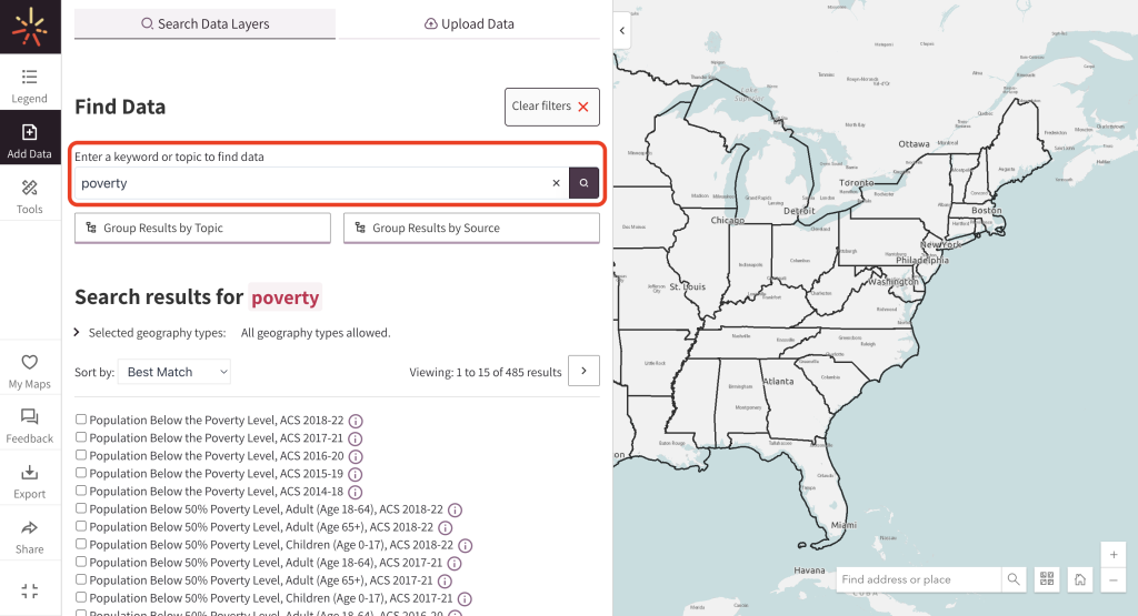 By searching the word "poverty," a SparkMap visitor has received 485 data layers to explore.